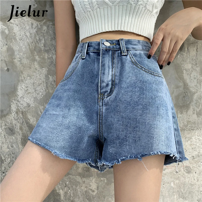 High Waist Denim Shorts Summer Jeans Woman Blue Pocket Loose Solid Color Trousers Slim Chic Short Jeans Femme Blue