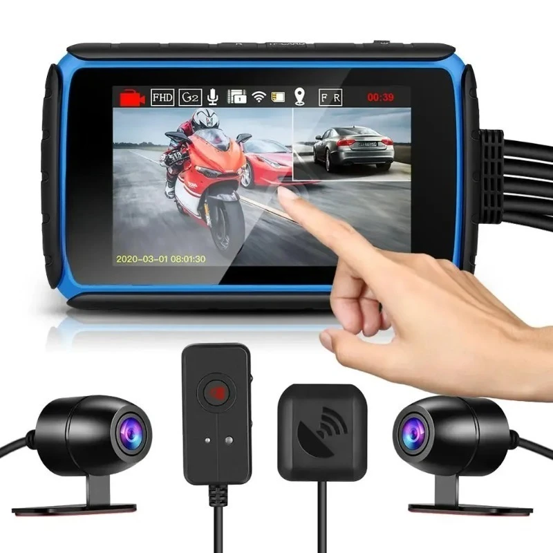 

DV988 Motorcycle Dash Cam 1080p Dual Lens DVR with 4'' IPS Touch Screen Waterproof IP66 Loop Recording with GPS
