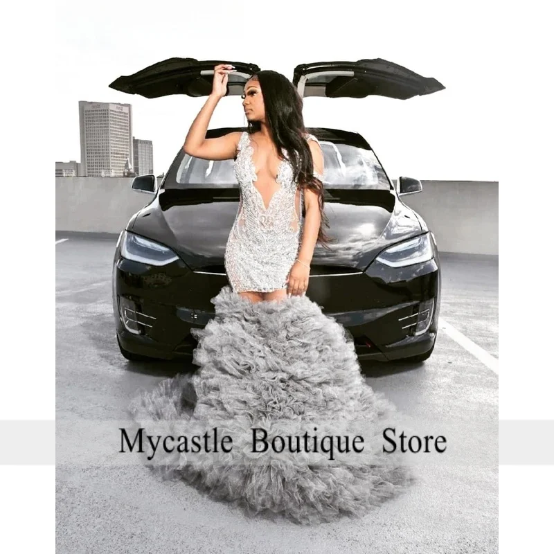 

Customized Glitter Grey Ruffles Prom Dress 2026 For Black Girls Diamonds Crystal Beaded Formal Birthday Party Gown 0