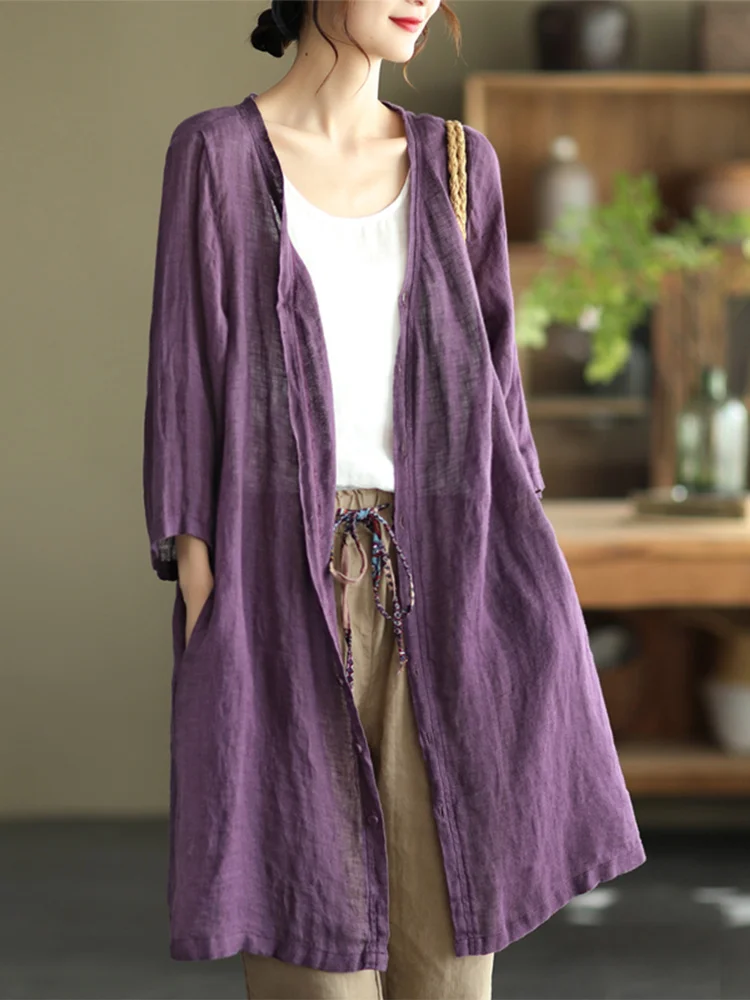 جديد الصيف المرأة القطن الكتان معطف طويل فضفاض تكييف الهواء irt رقيقة الفنية الرجعية اللون ملابس خارجية Jaet #3