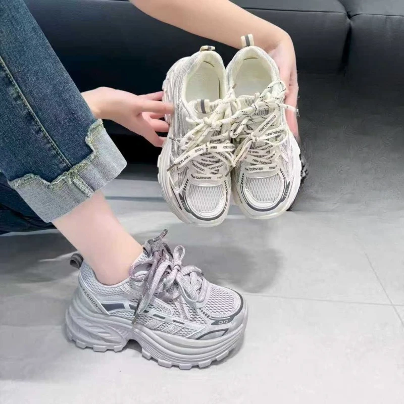Inside Heightened Sneakers Women's 2026 Spring New Round Toe Lace-up Platform Sole Mesh Light Small Casual Single Shoes
