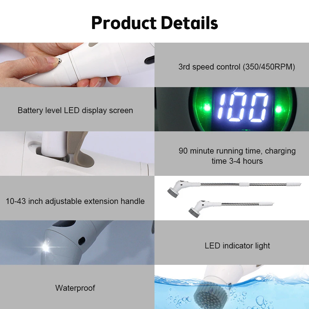 Electric Spin Scrubber IP5 Waterproof 3 Speeds Digital Display Cordless Scrubber Cleaning Brush with 8 Replaceable Brush Heads