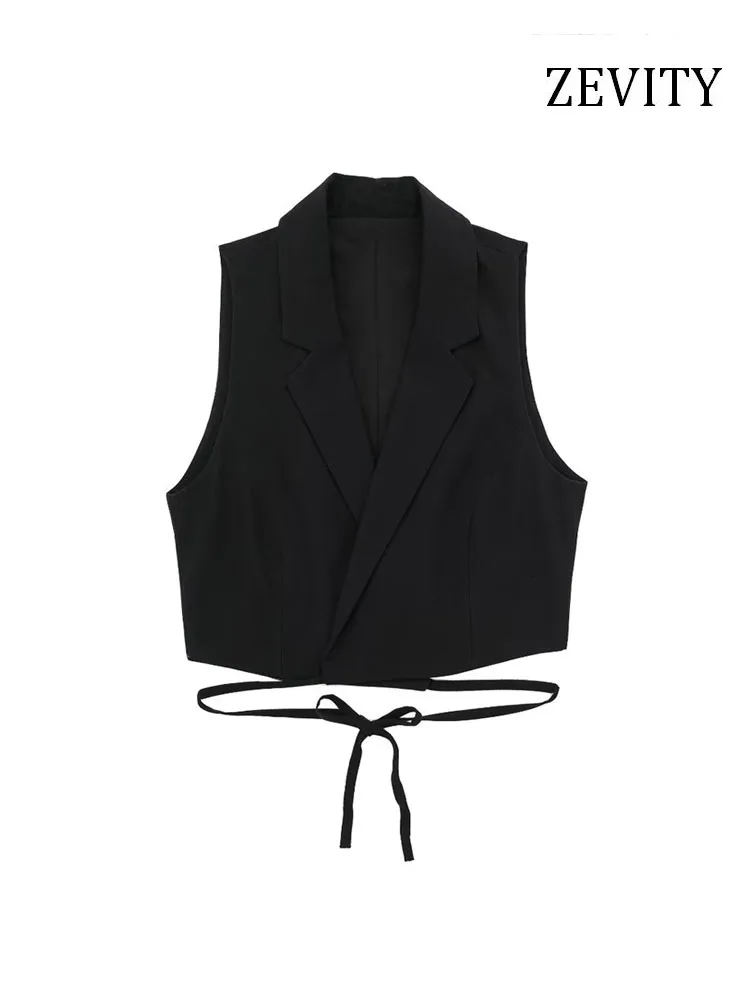 ZEVITY Women Fashion With Tied Linen Waistcoat Vintage Lapel Collar Sleeveless Female Outerwear Chic Vest Tops CT990