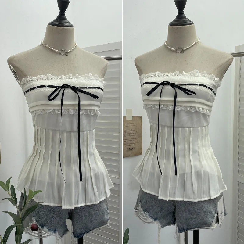 High-quality Hot-selling Wholesale Camisole Top Women Lace-trimmed Small Shirt with Bra Pads Lace-up Short Vest with Straps Tops