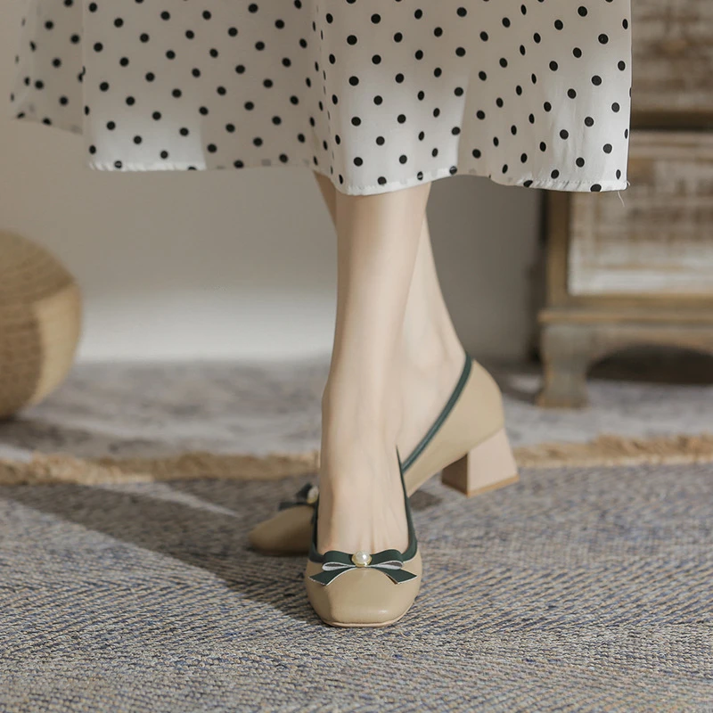 

Single shoe women's thick heel square toe spring and autumn genuine leather women's shoes new middle heel