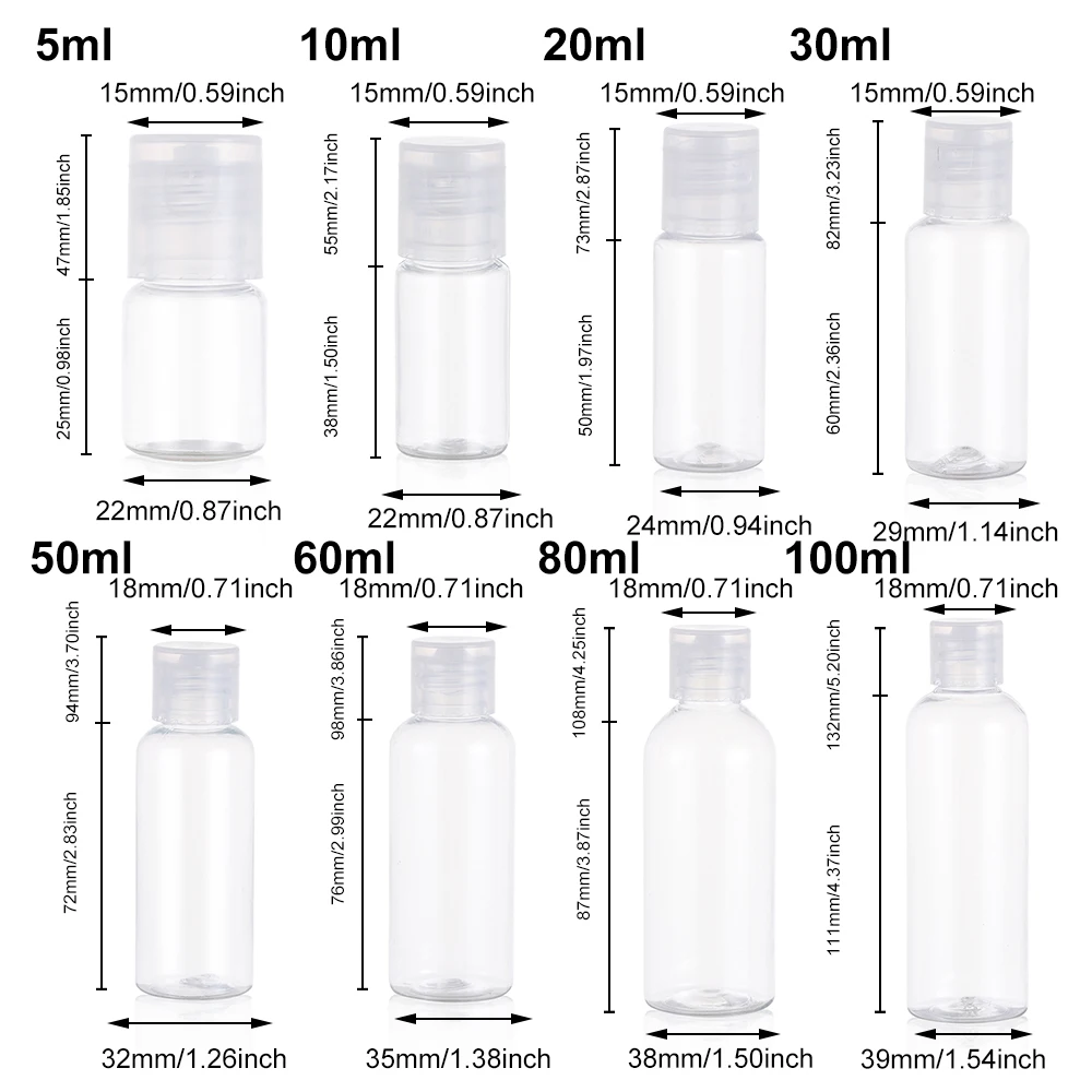 10PCS 10 20 30ml 50 60 100ml Refillable Transparent Bottle Plastic Portable Squeeze Bottle Shampoo Conditioner Travel Container