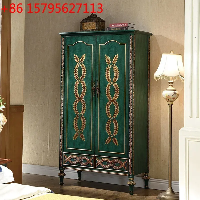 Solid wood wardrobe household bedroom, malachite green single door two-door wardrobe, European-style storage cabinet overall