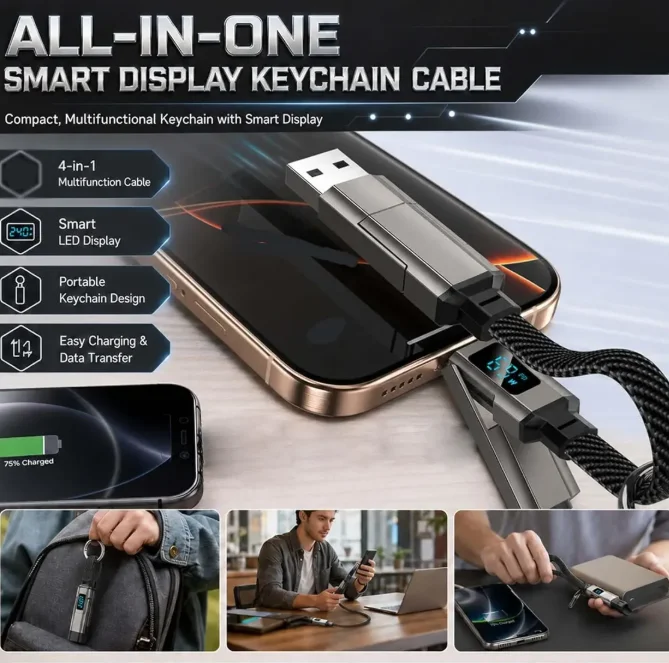 Keychain Cable Smart Digital Display 4-in-1 Lanyard Data Cable 65W Type-C Fast Charging Removable Power Cable For Phone Tablet