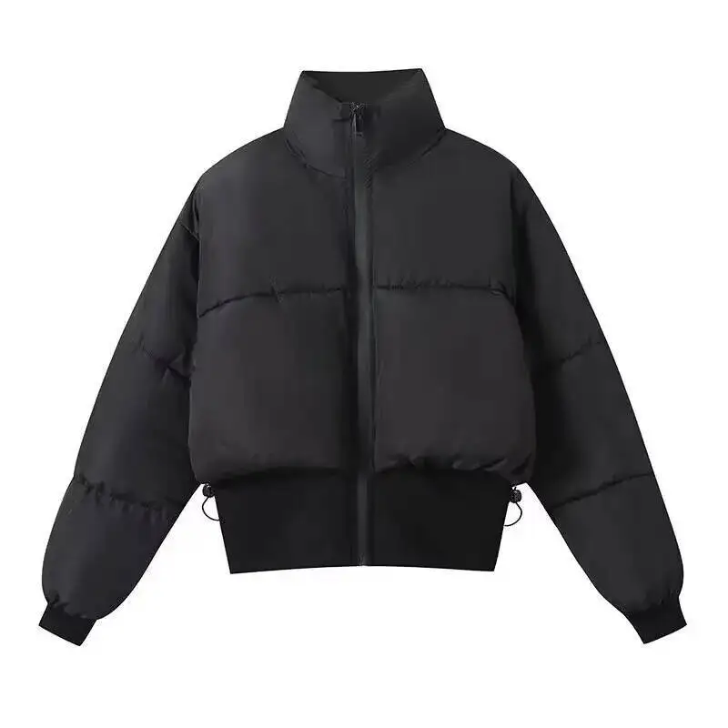 

2025 Winter Women Black Crop Coat Zipper Female Long Sleeve Parkas