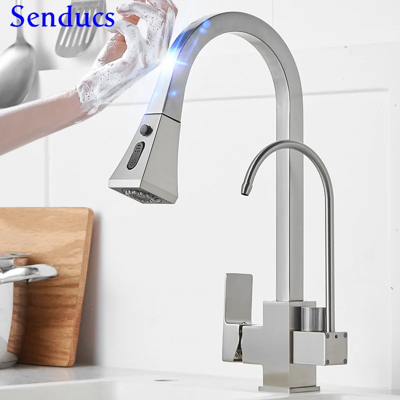 Square Touch Filter Kitchen Faucet with Pull Down Sprayer Hot Cold Kitchen Mixer Tap Three Ways Sensor Touch Kitchen Faucets Tap