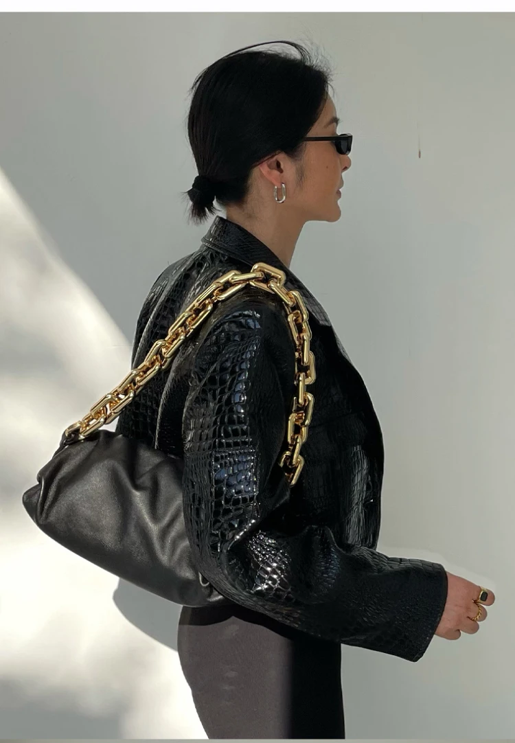 Lautaro Spring Autumn Short Cool Stylish Shiny Reflective Crocodile Print Patent Pu Leather Jacket Women Runway Fashion 2023