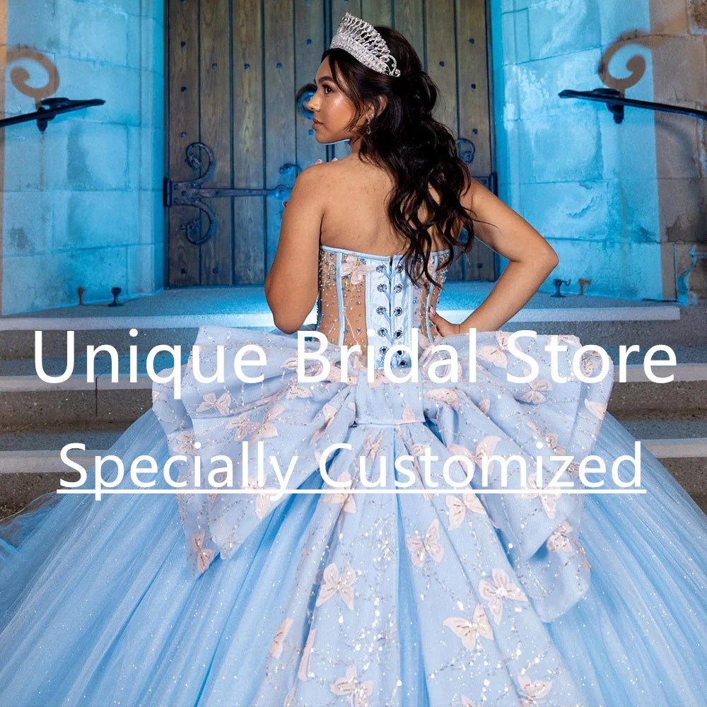 Lindo azul quinceanera vestidos de tule apliques com cristal sem costas rendas vestido de baile vestidos de 15 anos quinceañ