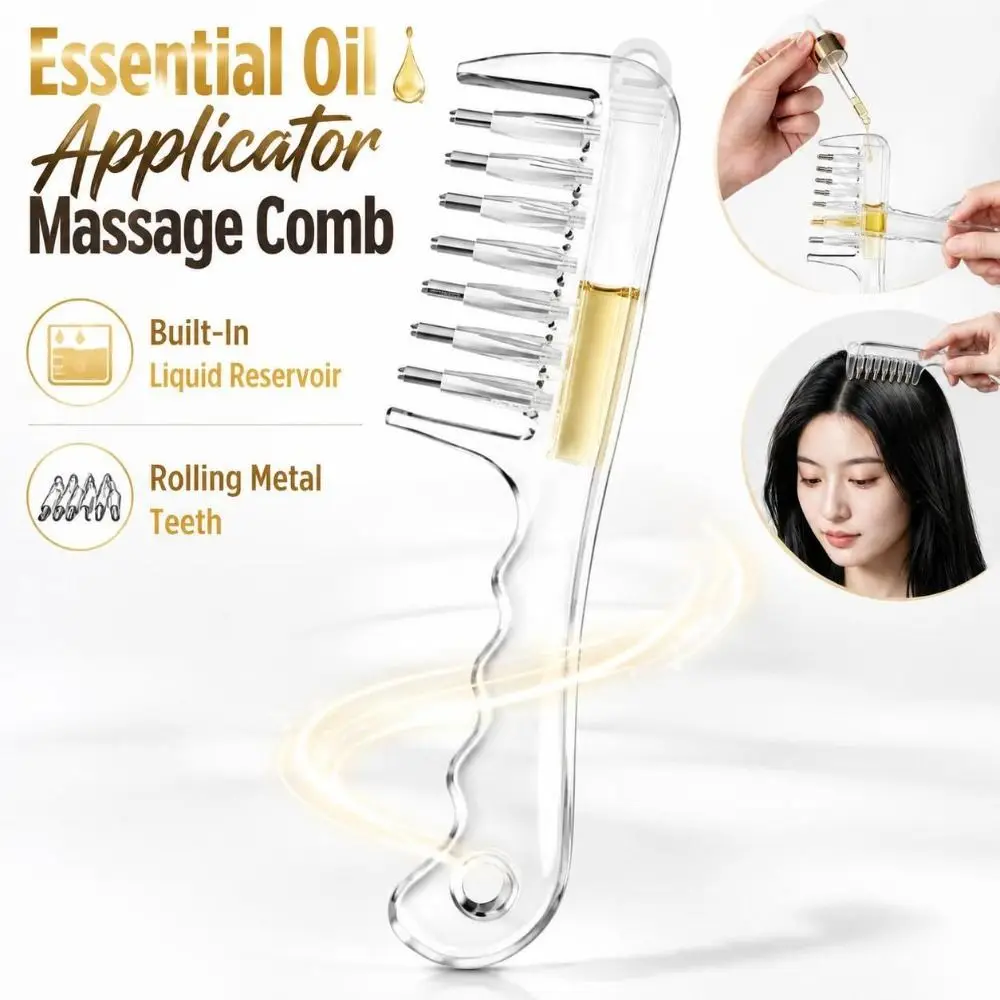 7-Tooth Essential Oil Applicator Massage Comb Transparent Rolling Metal Teeth Liquid Guiding Scalp Massager Comb Precise