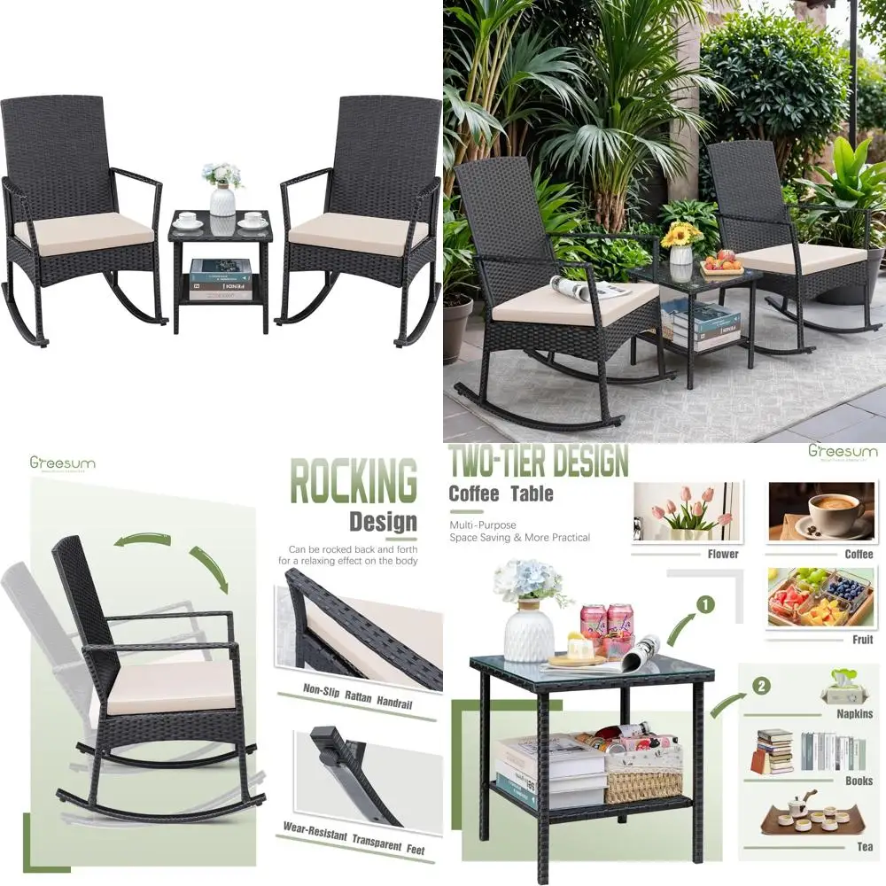 Juego de mecedora de mimbre para exteriores de 3 piezas con mesa de centro con tapa de cristal para jardín, patio trasero y piscina