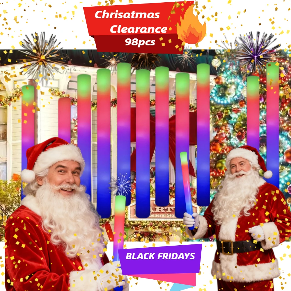 

98 PCS LED Foam Glow Sticks, Light up Bulk with 3 Modes Colorful Flashing, Glow in the Dark Party for Party Black Friday&XMAS