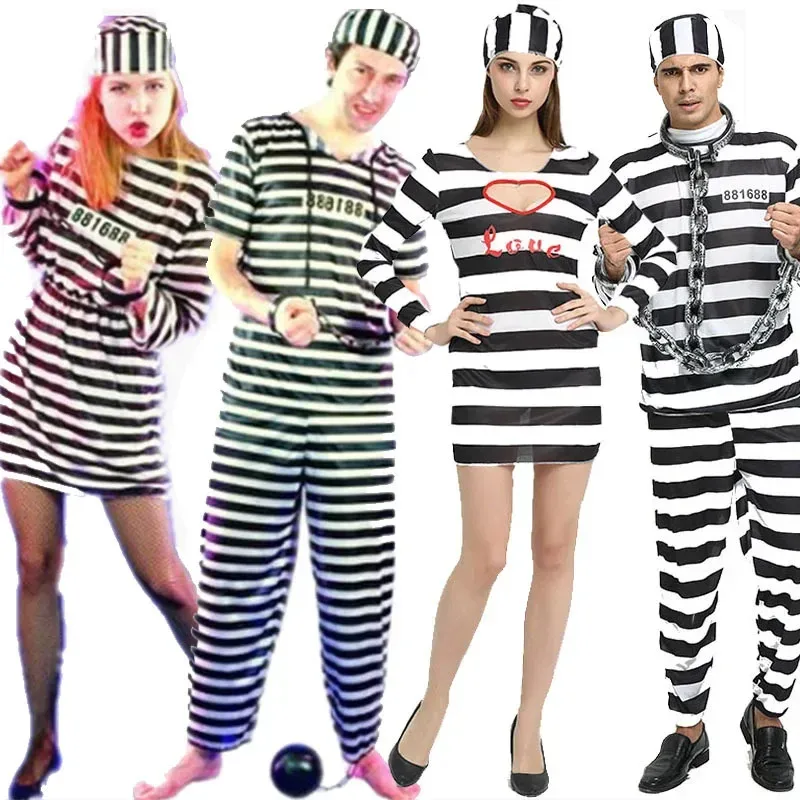 Costumi di Halloween classici a righe da coppia per donne Costume da prigioniero convict ob;8