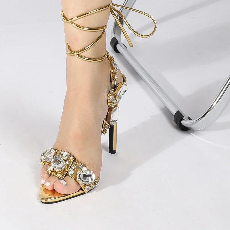 2025 Sexy Sandals Women Crystal Rhinestones Lace-Up Stiletto High Heels Party Nightclub Pole Dance Shoes