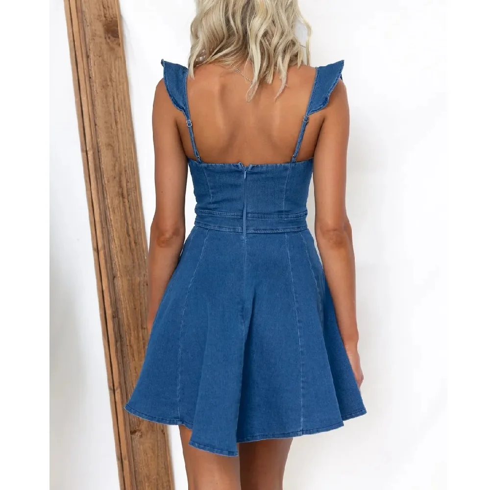 Frauen Sommer Jeans Kleider lässig Rüschen Spaghetti träger Denim rücken frei Mini kleid ﻿