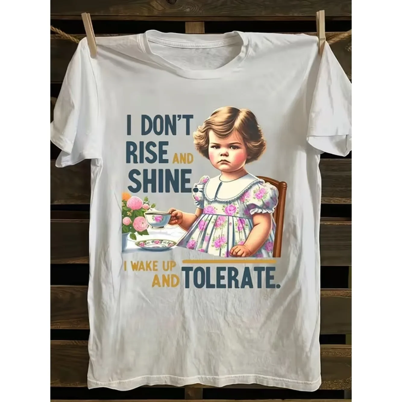 Retro Vintage Style Mens T Shirt With Girl Holding Tea Cup And Text I Dont And I Wake Up And Summer Casual Wear For Him Perfect Gift For Dad Or Brother Plus Size