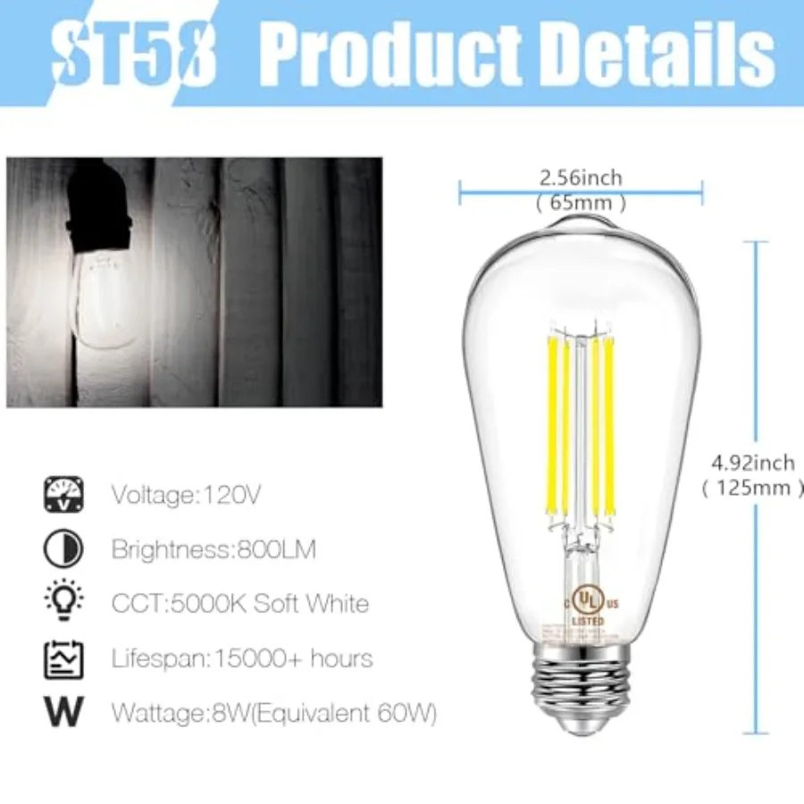 Vintage LED Edison Bulbs, E26 Led Bulb 60W Equivalent, Dimmable Led Light Bulbs, High Brightness 800 LM 5000K, ST58 Antique Fil