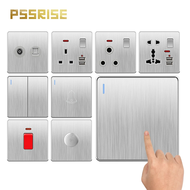 

PSSRISE C85 EU UK RU Standard Wall Switch Socket Power Outlet Light Switch Silver Brushed PC Panel TV TEL Computer USB Socket