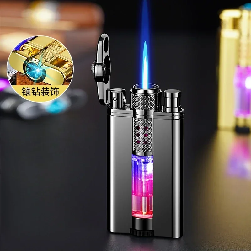2026 New Personalized Creative Diamond Direct Charge Windproof Blue Flame Inflatable Lighter Visual Gas LED Light Gift Tool