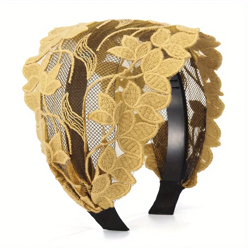 

Elegant Vintage Headband Wide Turban Design Crochet Hair Hoop with Floral Mesh for Women Headwear Hair Accessories