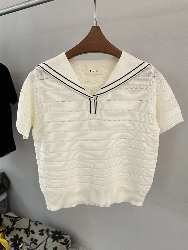

Casual Navy Collar Knitted Shirt Short Sleeve Women's Fashion Spring Summer Contrast Color Breathable Versatile Top