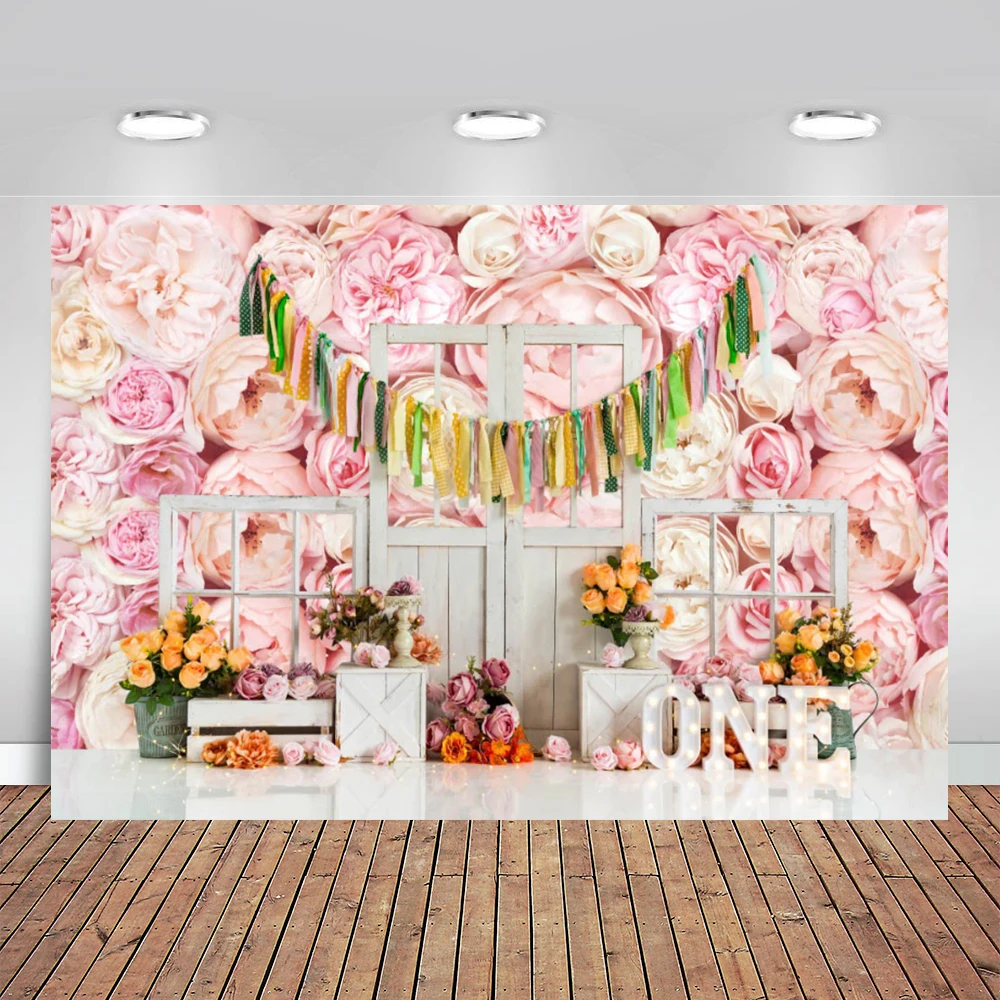 Tea Party Pink Rose Garden Photography Backdrop Princess Girl's Birthday Cake Smash Photo Background Lace Photo Studio Props