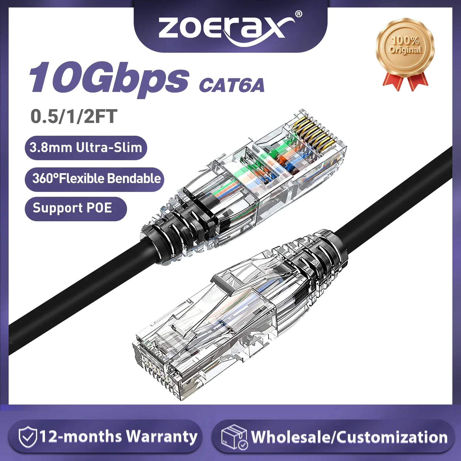 Cable de conexión Ethernet ZoeRax CAT6A de 10 Gbps, 0,5/1/2 pies, 28AWG, compatible con POE, cable LAN para Switch, Panel de Conexiones y Router