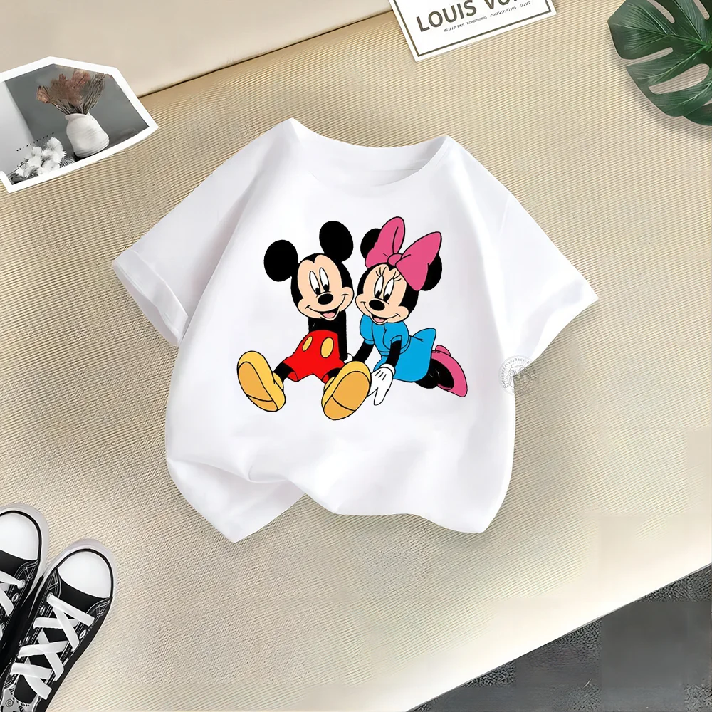 

Disney Kids Clothing 100% Cotton T-shirt Outdoor Mickey Minnie Printed crewneck T-shirt Top Teen Handsome Boys Girls Casual T-sh