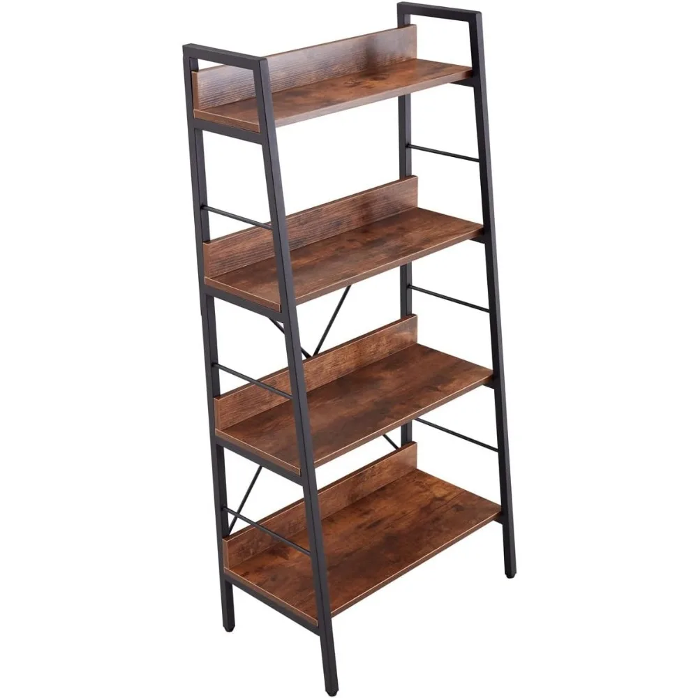 رف كتب بإطار معدني مع أرفف على شكل سلم، وحدة رف تخزين MDF بلمسة نهائية بنية للمكتب المنزلي #6