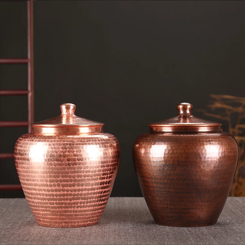 Pure Hand-forged One-piece Copper Tea Pot Pure Copper Metal Tea Warehouse Sealed Pot Large 1 Catties Pu'er Tea Storage Set