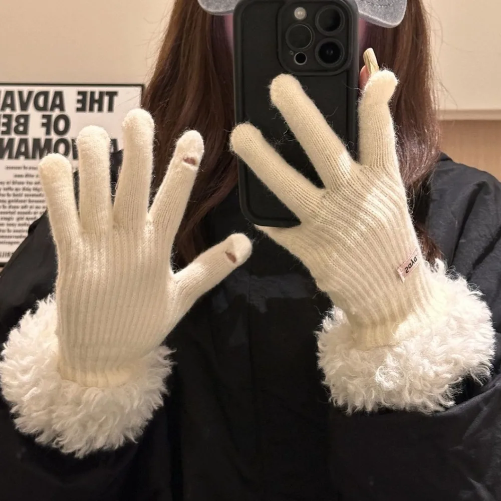 Fashion Finger-splitting Plush Edges Gloves Knitted Keep Warm Lamb Wool Gloves Cold-proof Windproof Touch Screen Gloves Cycling