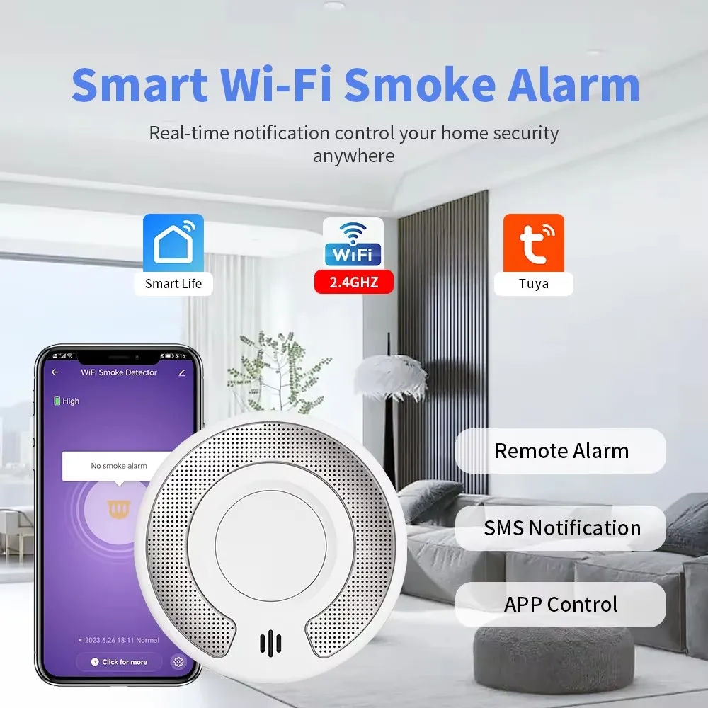 Tuya WiFi Smart Smoke Fire Detector, EN14 liquidité, 10 Years Battery, SmartLife ActivProtection for Home Alarm