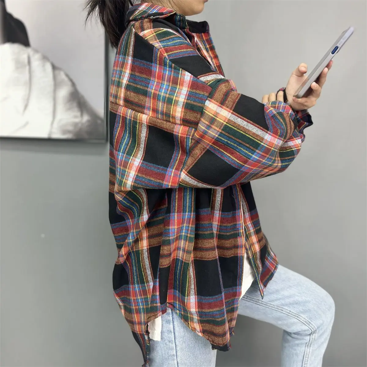 Plaid shirt women long sleeve 2024 spring new Korean version of retro outside to wear all fashion western style shirt coat