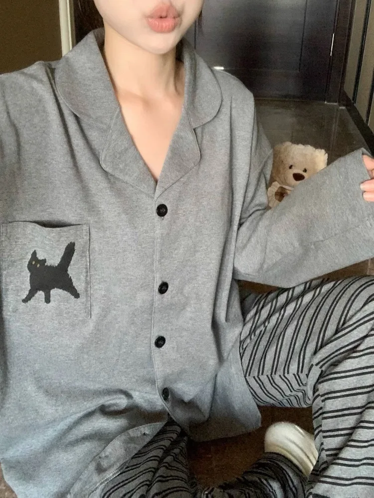 

Pure Cotton Long Sleeve Sleepwear Women's Style Autumn Collection Comfortable Breathable Stripe Set Outdoor Wearable