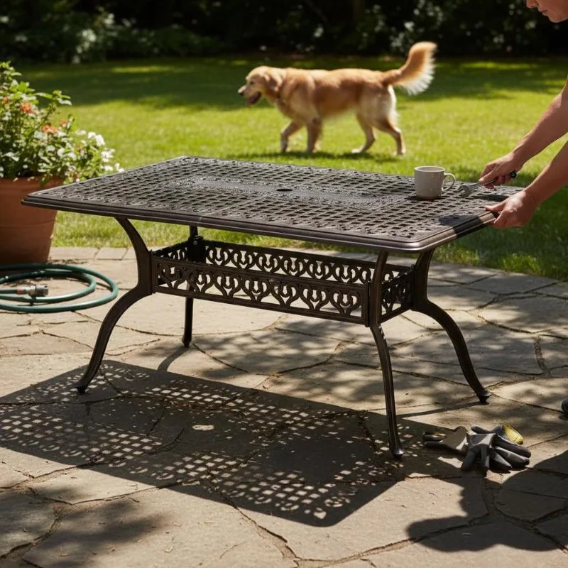 Table de jardin en aluminium moulé 150 x 90 x 73 cm avec trou central de 5 cm pour parasol, design vintage avec motifs décoratifs, pieds réglables et coins arrondis pour NONE