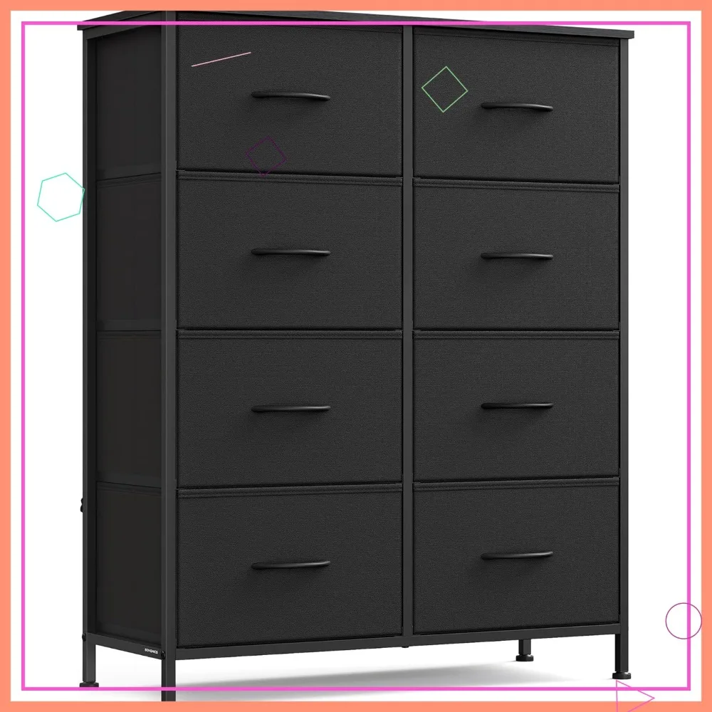 

Комод стальной на 8 ящиков с верхней частью из МДФ, ящики из нетканого материала, для хранения вещей в спальне, цвет черный.