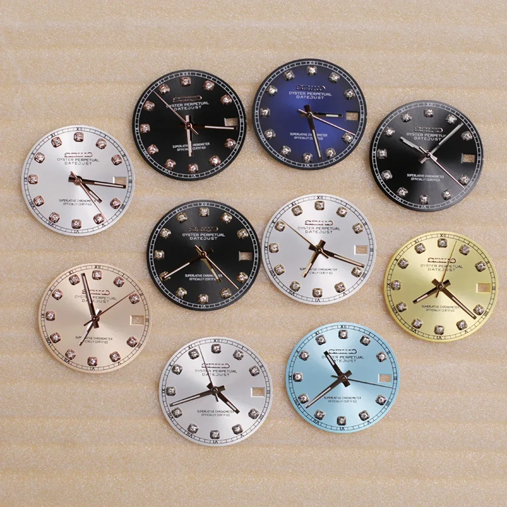 

28.5mm Diamond-set Dial Artificial Glass Scale Watch Face Sun Texture Modification Dial Gold-rimmed Dial for NH35 NH36 Movement