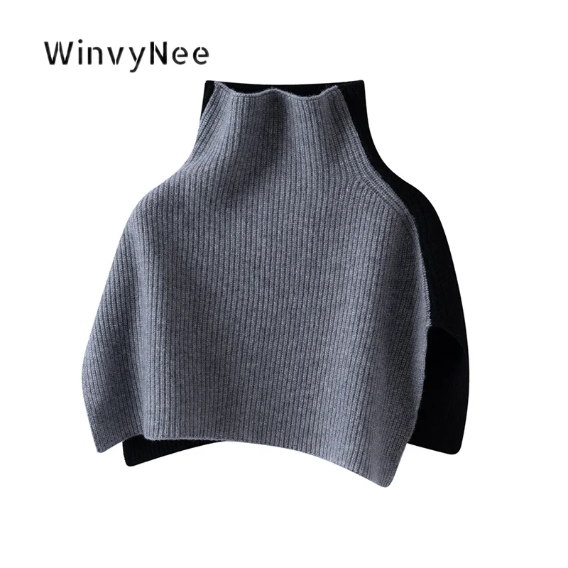 WinvyNee Women 100% Wool Color Block Knit Cape Poncho Turtleneck Neck Warmer Versatile Autumn Winter Fine Knit Apparel. G1883020
