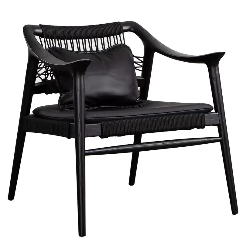 Solid wood sofa chair, designer Nordic homestay, backrest home armchair, tea room meeting guests, rope-woven leisure chair