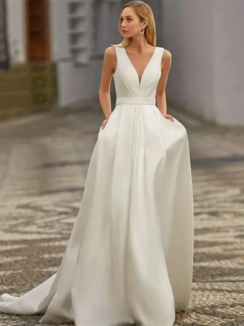 Simple Wedding Dresses With Pockets Sexy Bridal Gowns V-Neck Sleeveless Robe For Formal Party Satin Vestidos De Novia Customized