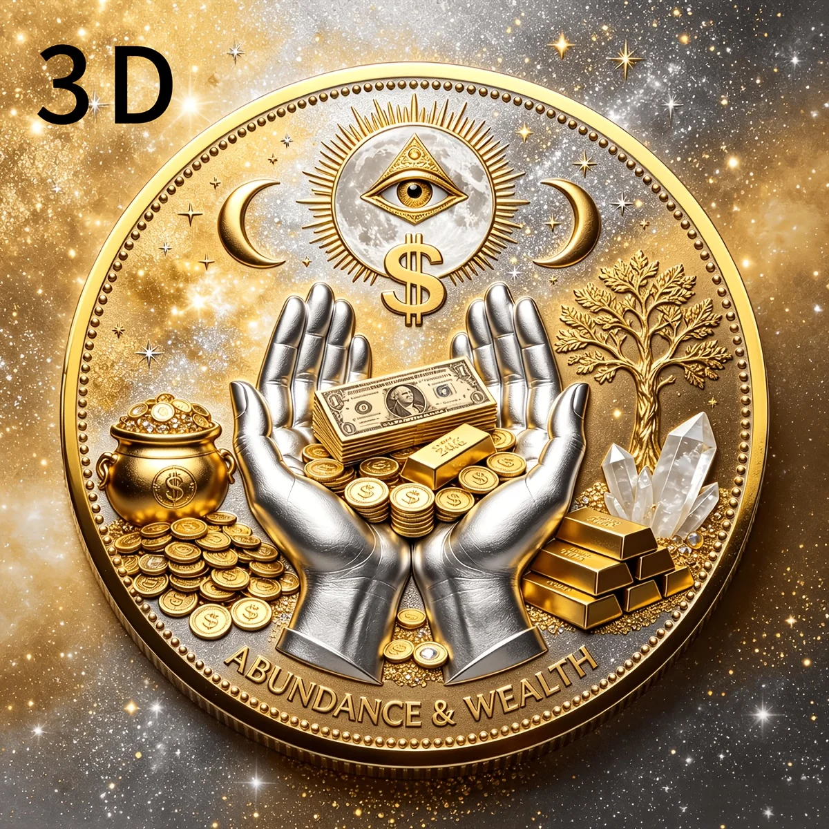 3D Reichtums- und Überschussmünze, Allsehendes Auge Münze, Glücksbringer, Schutzsymbol, Vertreibt negative Energie, Taschen-Geschenk – Detail 6