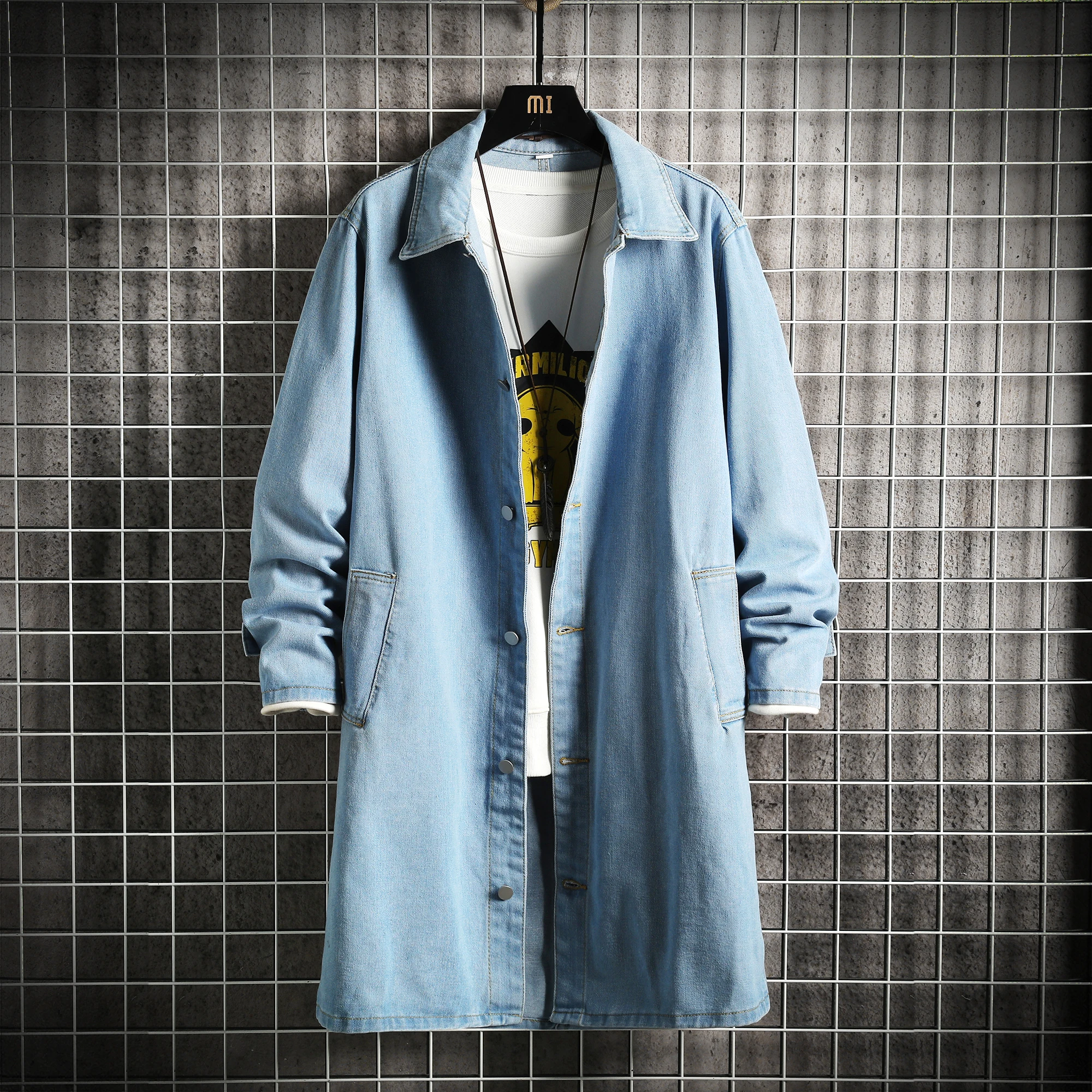 Fashion Outerwear Spring Men Denim Coat Men Loose Denim Casual Coat Male Turn-Down Collar Trenchcoat