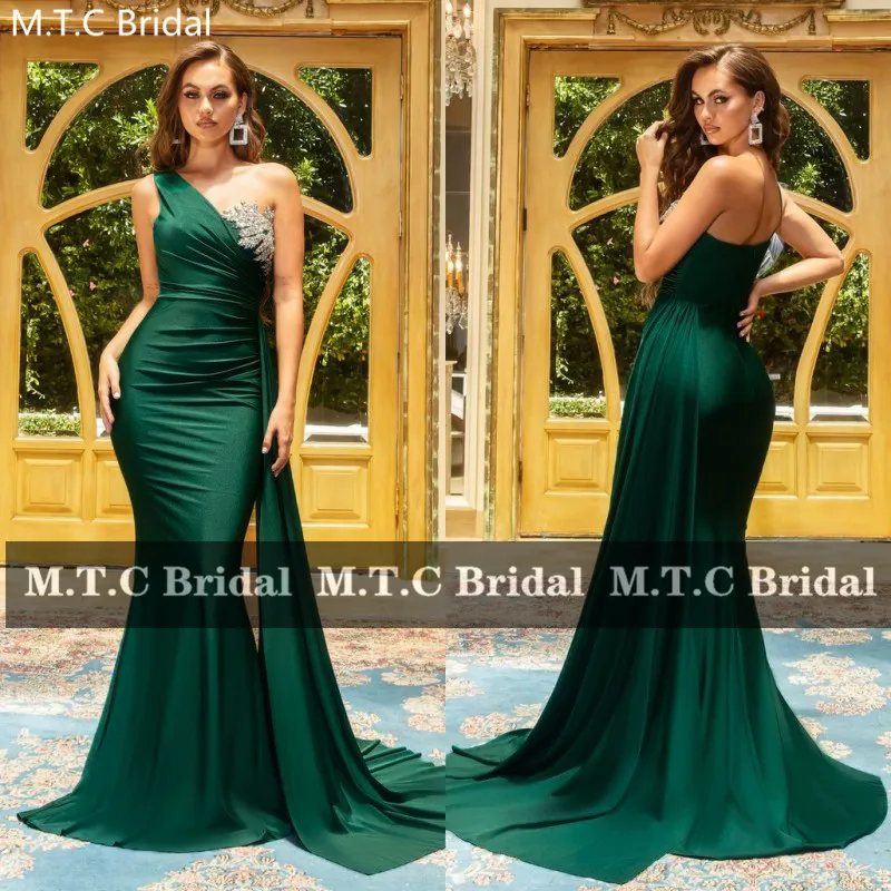 Emerald Green Mermaid Prom Jurken Lange Een Schouder Backless Zilveren Kristallen Formele Vrouwen Gown Voor Wedding Party Robe De Soiree