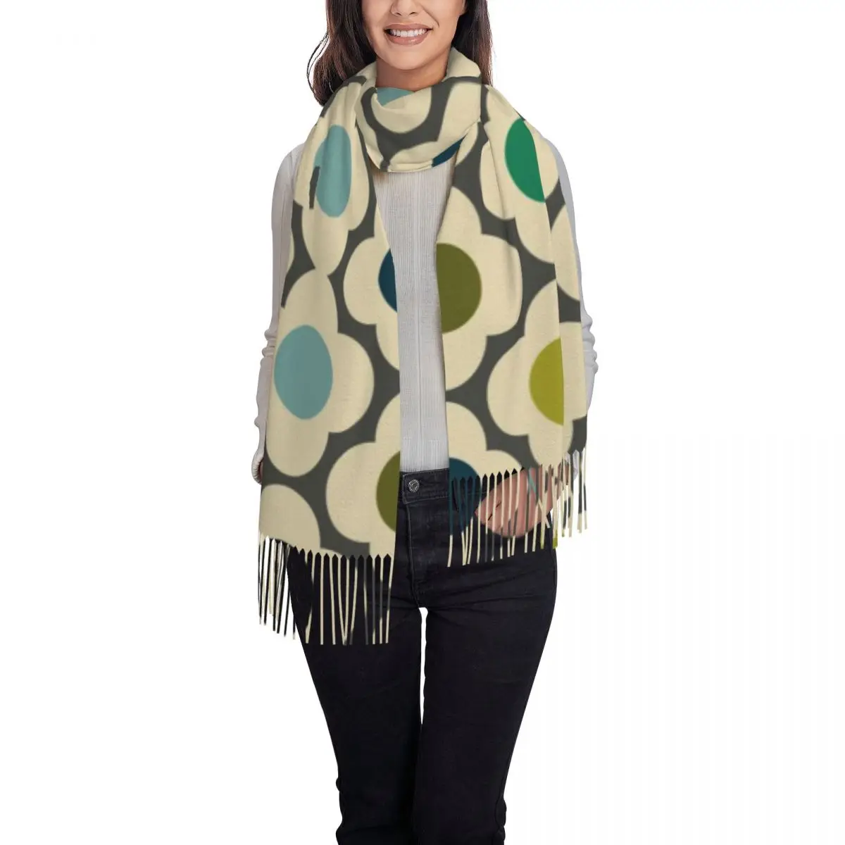 Orla Kiely Flowers Abstract Tassel Scarf Women Soft Geometric Shawls Wraps Female Winter Scarves