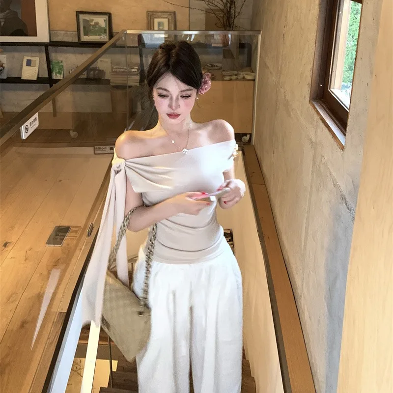 Slimming Effect  Knot T-Shirt Women's Casual Style Standard Fit Polyester Fiber Summer Fashion Trend Shoulder Baring
