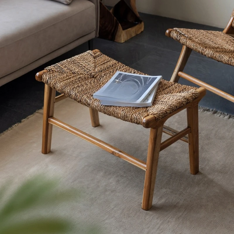Solid wood Nordic rattan pedal casual ottoman dressing stool