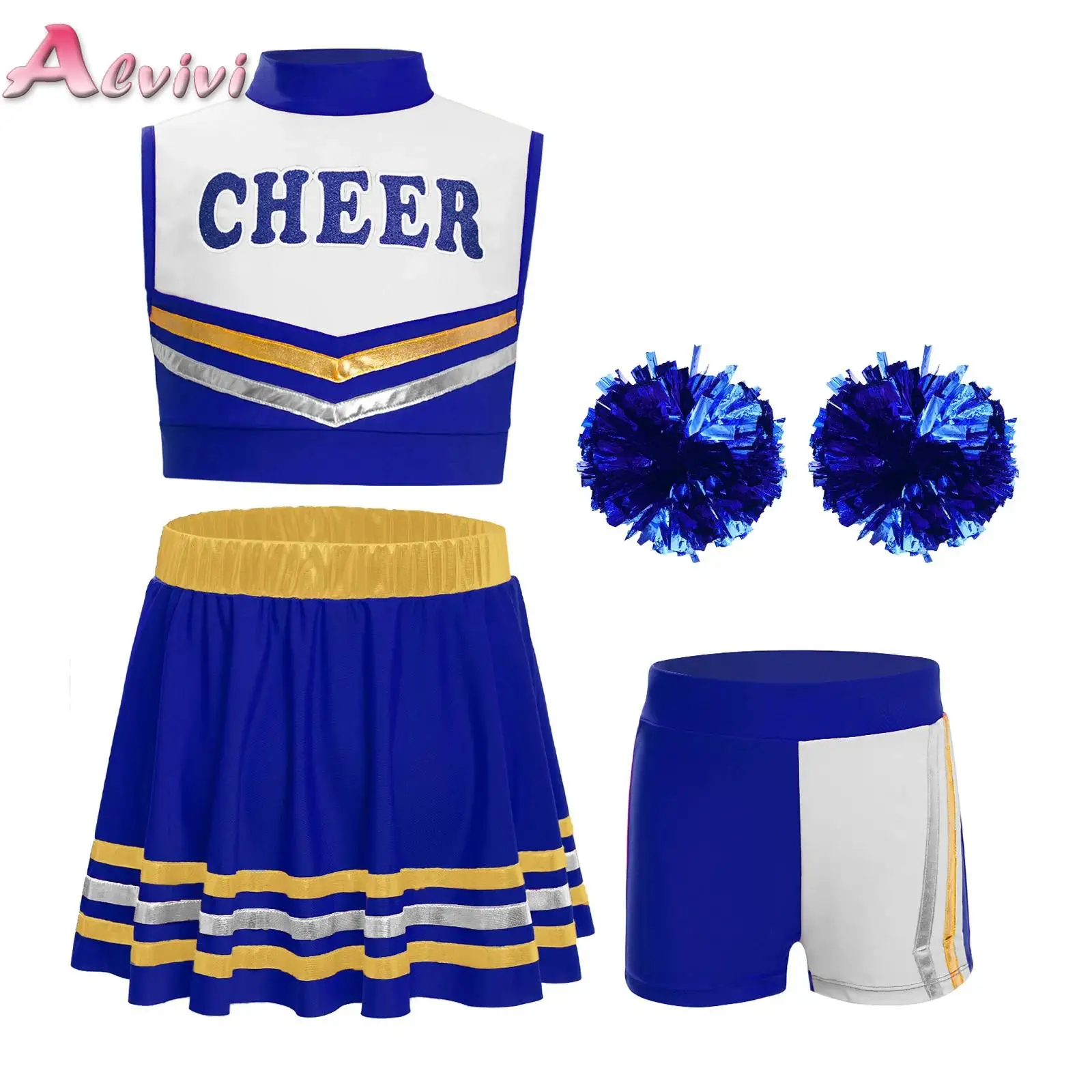 

Kids Girls Cheerleading Outfit Sleeveless Letters Printed Color Block Crop Top with Striped Skirt Shorts and 2Pcs Flower Balls